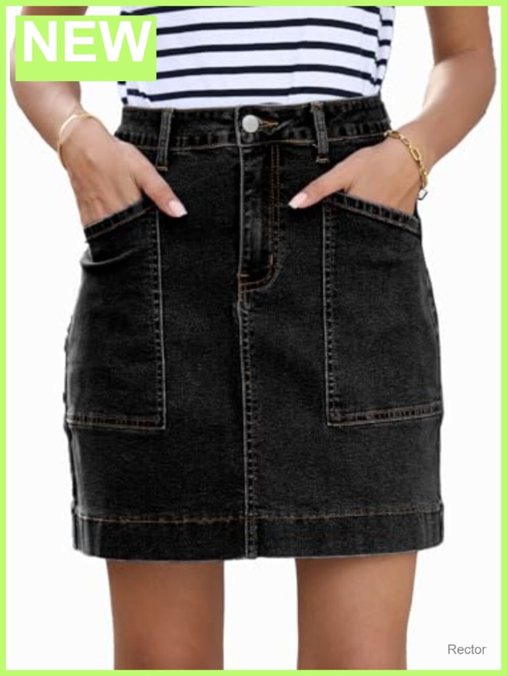 High Waisted Denim Skirt with Pockets Cotton Blend Knee Length